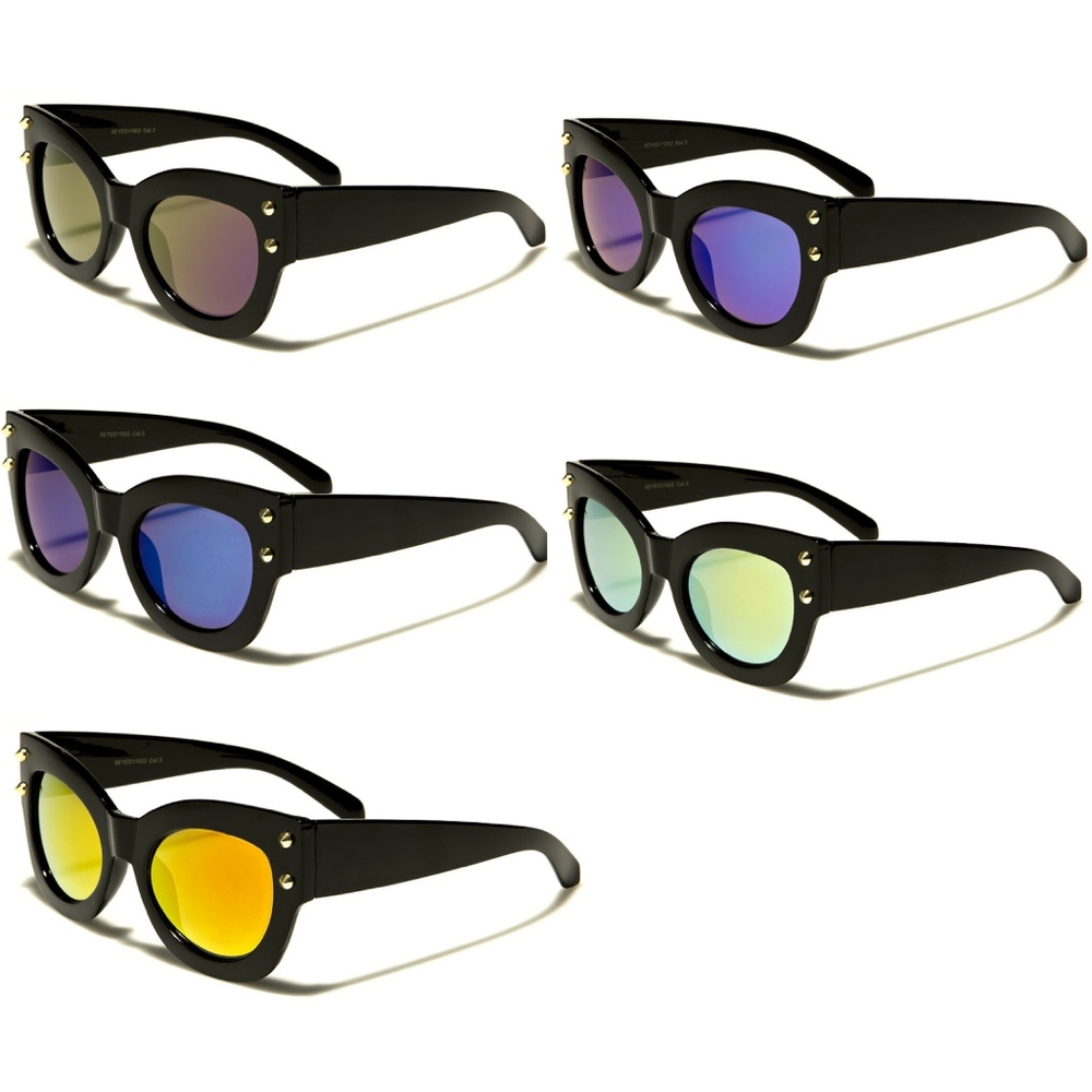 Cat Eye Mirrored Studded Fashion Sunglasses